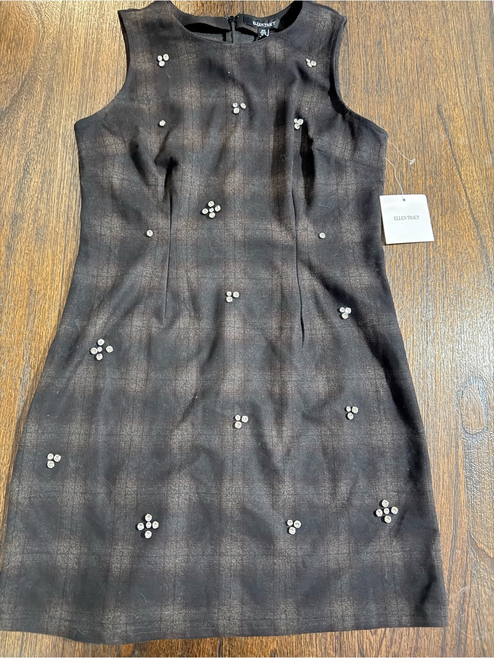 Ellen Tracy Black Plaid Mini Dress with Crystal Cluster Accents